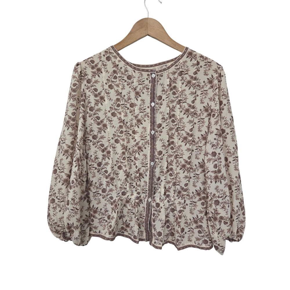 Max Studio Blouse Floral Boho Peplum Women XL Cream Brown NWT $138 5707Y35